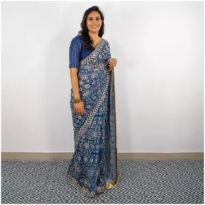 Indigo Floral Georgette Saree - AmbarTaara Designs