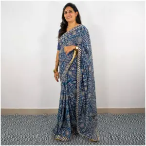 Indigo Floral Georgette Saree - AmbarTaara Designs