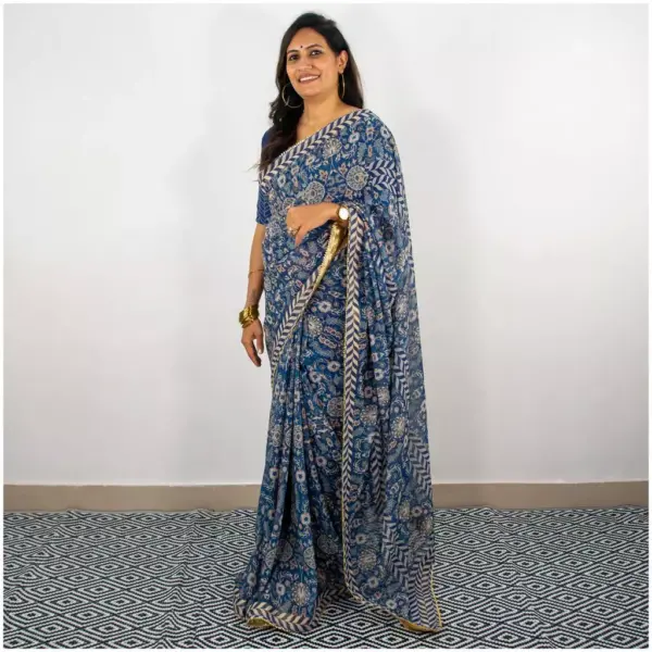 Indigo Floral Georgette Saree - AmbarTaara Designs