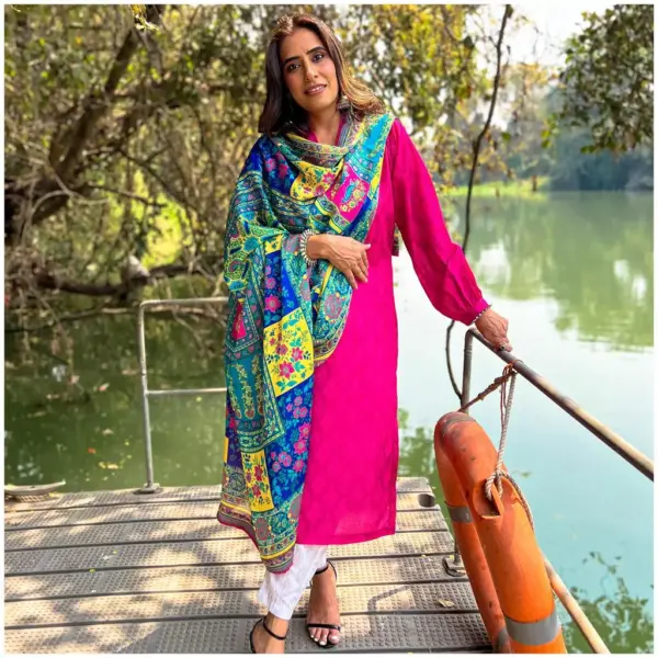 Pink Straight Kurta with White Pants - Raabta - AmbarTaara Designs