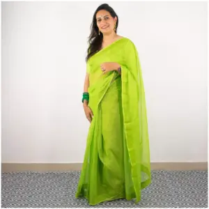 Self Printed Neon Green Organza Saree - AmbarTaara Designs