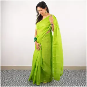 Self Printed Neon Green Organza Saree - AmbarTaara Designs