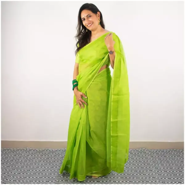 Self Printed Neon Green Organza Saree - AmbarTaara Designs