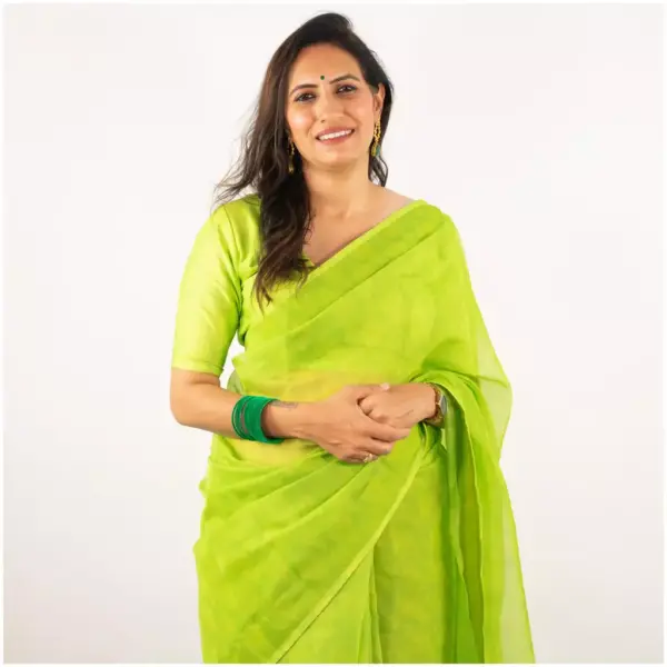 Self Printed Neon Green Organza Saree - AmbarTaara Designs