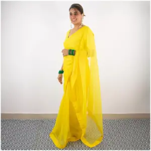 Self Printed Neon Yellow Organza Saree - AmbarTaara Designs