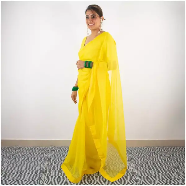 Self Printed Neon Yellow Organza Saree - AmbarTaara Designs