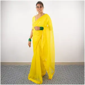 Self Printed Neon Yellow Organza Saree - AmbarTaara Designs