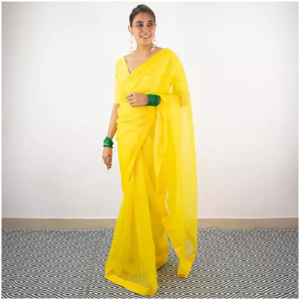 Self Printed Neon Yellow Organza Saree - AmbarTaara Designs