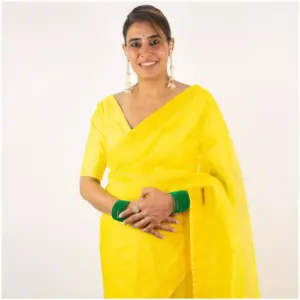 Self Printed Neon Yellow Organza Saree - AmbarTaara Designs