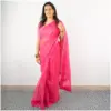 Self Printed Neon Pink Organza Saree - AmbarTaara Designs