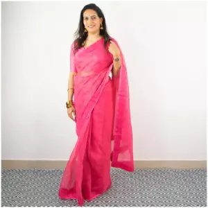 Self Printed Neon Pink Organza Saree - AmbarTaara Designs