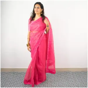 Self Printed Neon Pink Organza Saree - AmbarTaara Designs