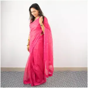 Self Printed Neon Pink Organza Saree - AmbarTaara Designs