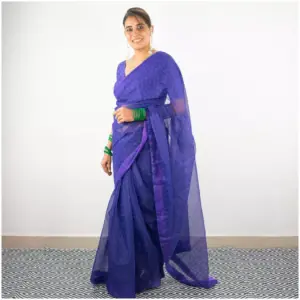 Self Printed Neon Blue Organza Saree - AmbarTaara Designs