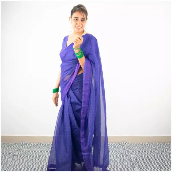 Self Printed Neon Blue Organza Saree - AmbarTaara Designs