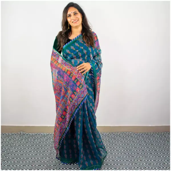 Emerald Green Printed Organza Saree - AmbarTaara Designs