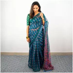 Emerald Green Printed Organza Saree - AmbarTaara Designs