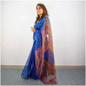 Blue Printed Organza Saree - AmbarTaara Designs