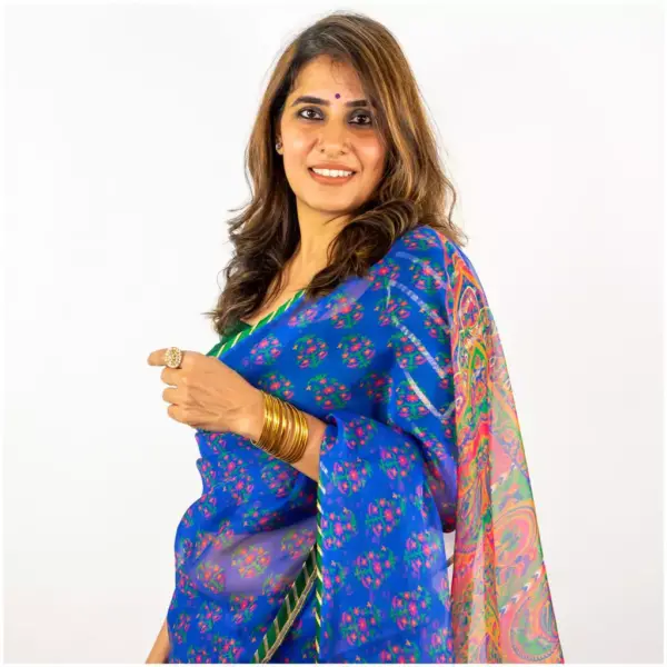 Blue Printed Organza Saree - AmbarTaara Designs