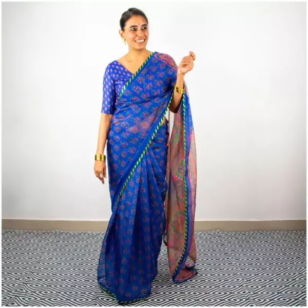 Blue Printed Organza Saree - AmbarTaara Designs