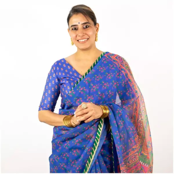 Blue Printed Organza Saree - AmbarTaara Designs