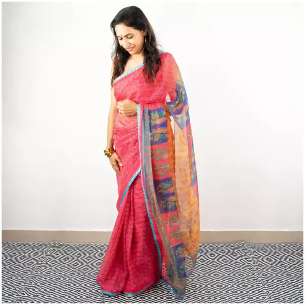 Fuschia Pink Printed Organza Saree - AmbarTaara Designs