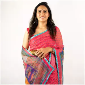 Fuschia Pink Printed Organza Saree - AmbarTaara Designs