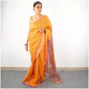 Yellow Printed Organza Saree - AmbarTaara Designs