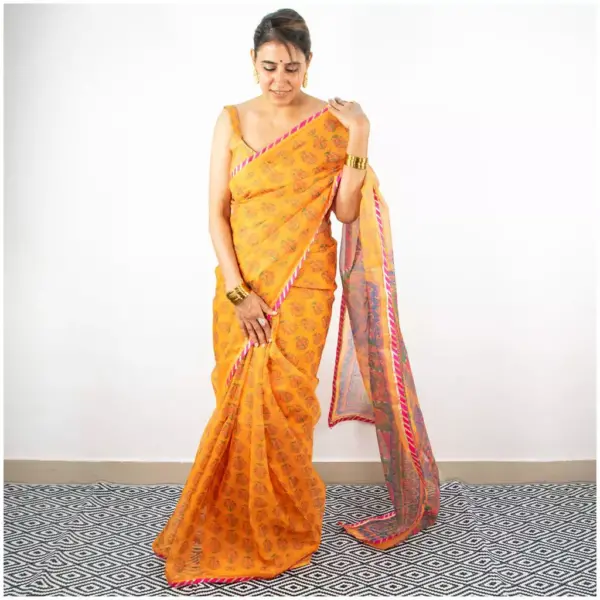 Yellow Printed Organza Saree - AmbarTaara Designs