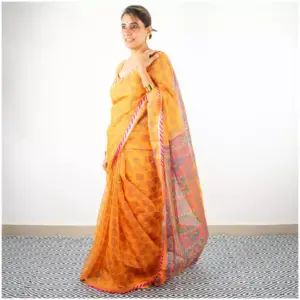 Yellow Printed Organza Saree - AmbarTaara Designs