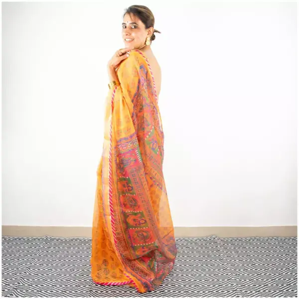 Yellow Printed Organza Saree - AmbarTaara Designs