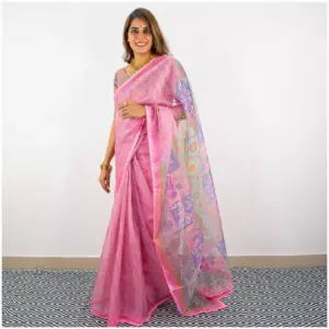 Baby Pink Printed Organza Saree - AmbarTaara Designs