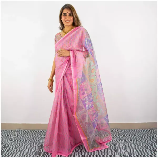 Baby Pink Printed Organza Saree - AmbarTaara Designs