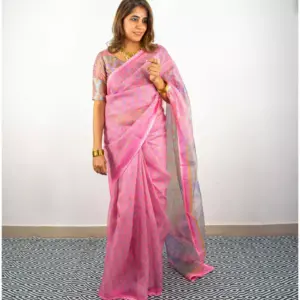 Baby Pink Printed Organza Saree - AmbarTaara Designs