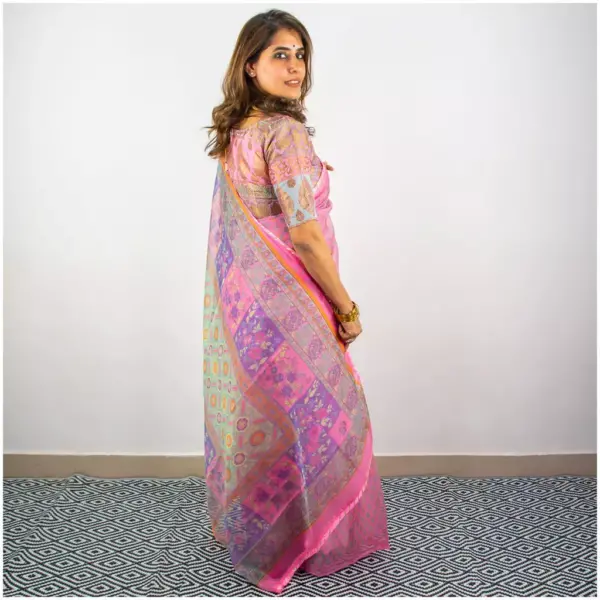 Baby Pink Printed Organza Saree - AmbarTaara Designs