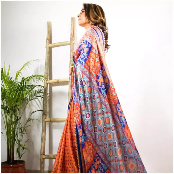 Orange Blue Satin Georgette Saree - Noor AmbarTaara Designs