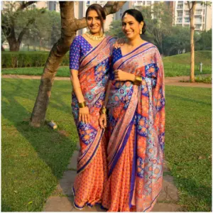 Orange Blue Satin Georgette Saree - Noor AmbarTaara Designs