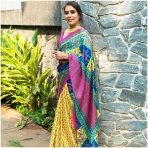 Lemon Yellow Pink Satin Georgette Saree - Raabta