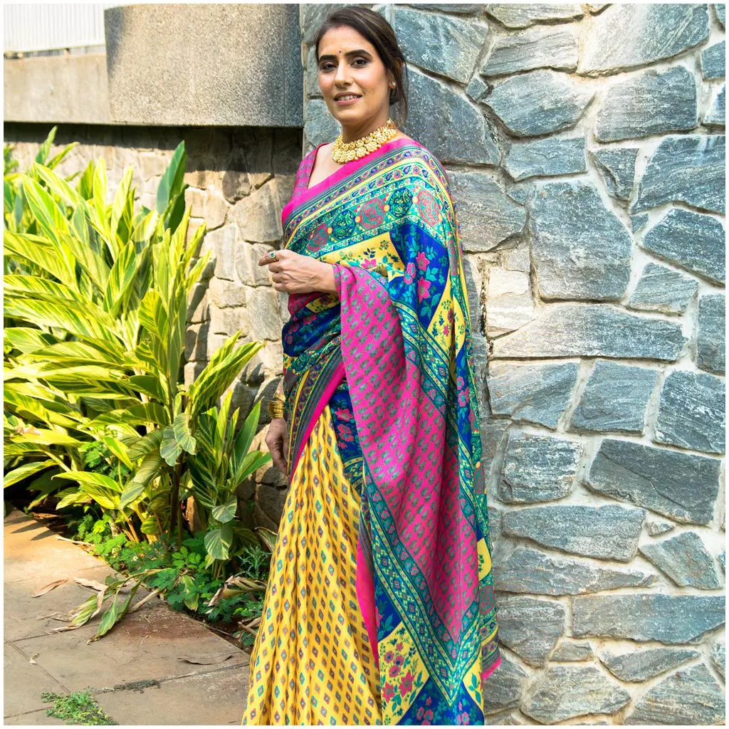 Lemon Yellow Botanical Patterned Chanderi Silk Saree for Celebrations |  Kiran's Boutique