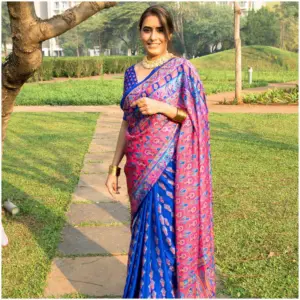 Blue Pink Satin Georgette Saree - Mehr - AmbarTaara Designs