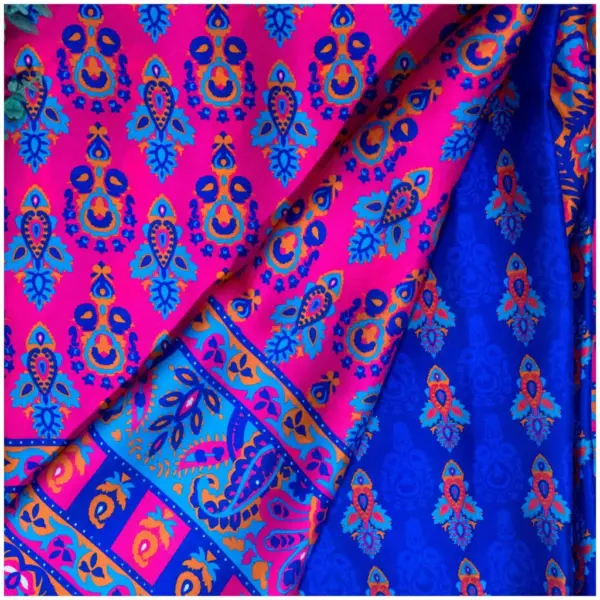 Blue Pink Satin Georgette Saree - Mehr - AmbarTaara Designs