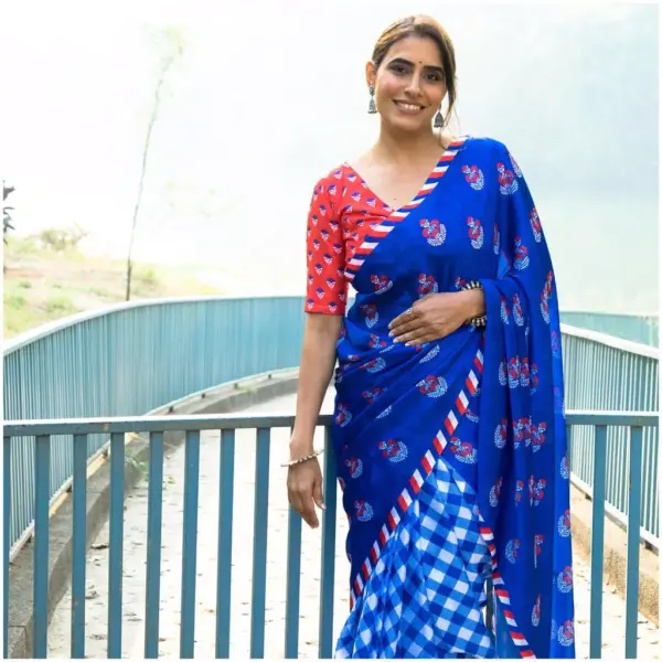 Blue Red Checks Satin Georgette Saree - Saanjh