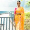 Yellow Pink Checks Satin Georgette Saree - Sunheri - AmbarTaara Designs