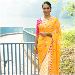 Yellow Pink Checks Satin Georgette Saree - Sunheri - AmbarTaara Designs