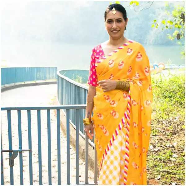 Yellow Pink Checks Satin Georgette Saree - Sunheri - AmbarTaara Designs