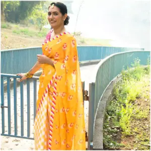 Yellow Pink Checks Satin Georgette Saree - Sunheri - AmbarTaara Designs