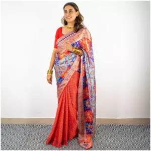 Red Blue Satin Georgette Saree - AmbarTaara Designs