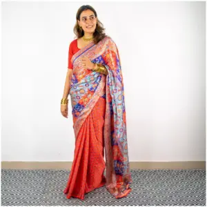 Red Blue Satin Georgette Saree - AmbarTaara Designs