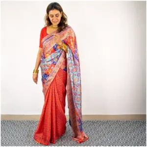 Red Blue Satin Georgette Saree - AmbarTaara Designs