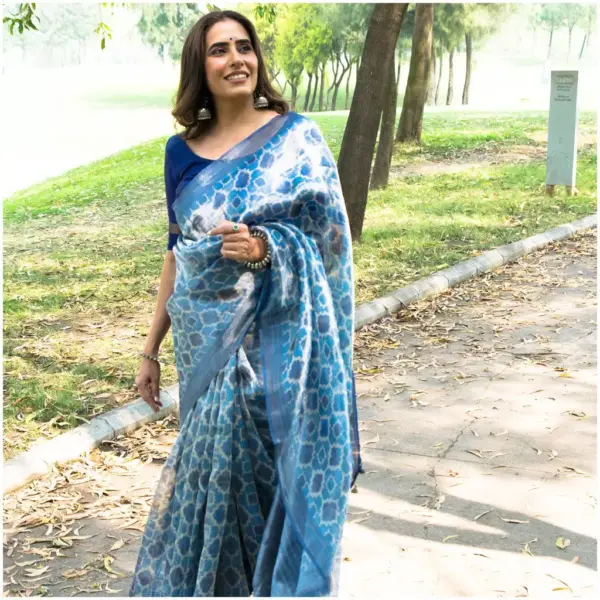 Tissue Silk Saree Indigo Moroccan - Sajda - AmbarTaara Designs